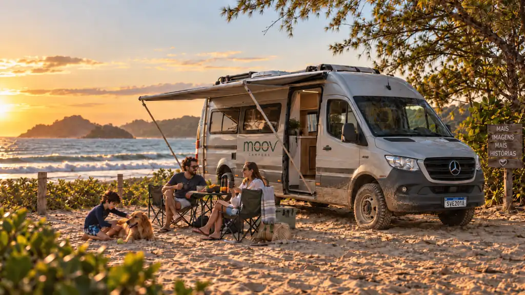Família e cachorro sob o toldo de uma campervan da MoovCampers, em uma praia ao pôr do sol